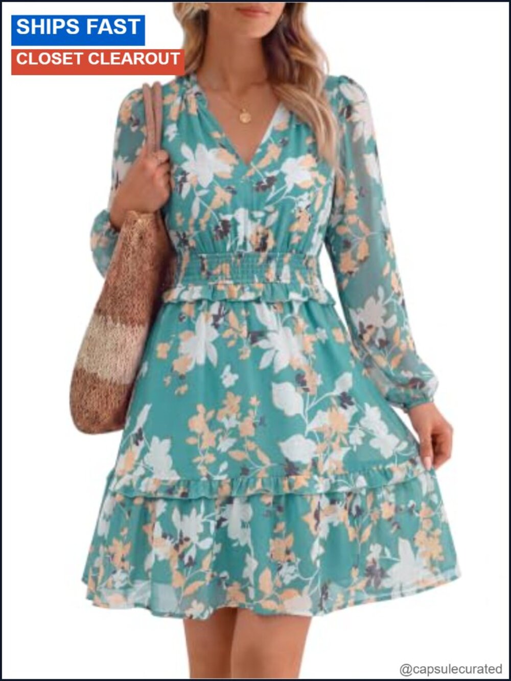 Womens Floral Mini Dress Long Sleeve V Neck Smocked Waist Chiffon